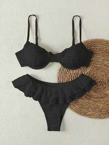 French Crochet Ruffle Trim Solid Black Swimsuit Set, Lightweight Breathable Design - Black - View 2