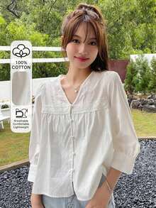 Blusa Con Botones Frontales, Manga Abullonada Y Detalle De Encaje - Blanco - Ver 1
