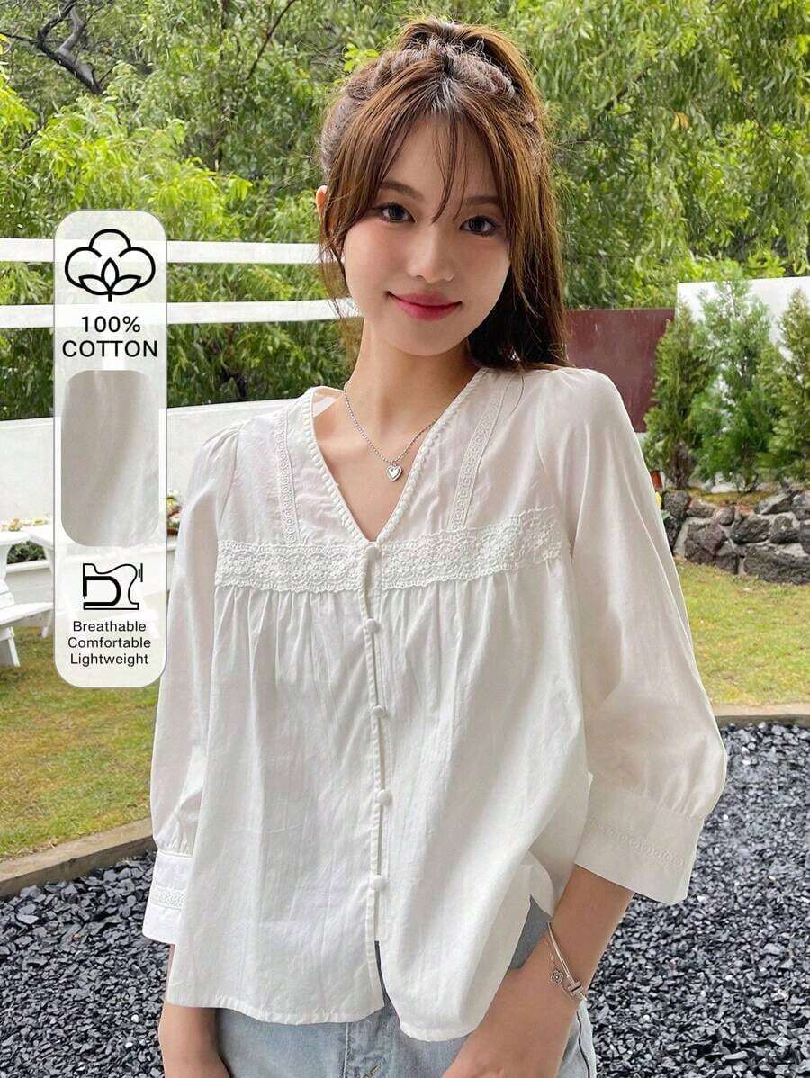 Blusa Con Botones Frontales, Manga Abullonada Y Detalle De Encaje - Blanco - Ver 1