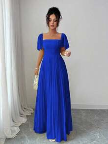 Vestido de línea A para mujer de color amarillo crema con cuello cuadrado y cintura ceñida, elegante y romántico - azul real - Ver 7
