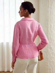 PREMIUM Blusa Envolvente Con Cinturón De Lino Puro Y Color Sólido - Rosa Fucsia - Ver 2