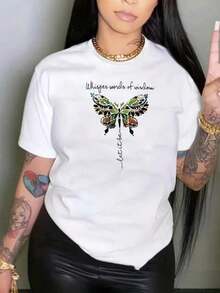 Camiseta de manga corta con estampado de mariposas y cuello redondo en talla grande, sencilla y elegante, ropa de talla grande para mujer. - Blanco - Ver 1
