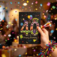 1. 生日贺卡，配红色信封，彩色三角形图案“40”主题派对气球设计，黑色闪光背景生日贺卡 - A - 查看 5