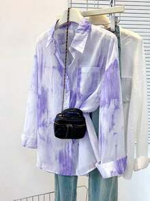 Camisa de protección solar con efecto tie-dye dulce para mujer, de cuello de solapa y manga larga, informal para exteriores/vacaciones, holgada, transpirable y ligera, estilo camisa, color rosa, para primavera/verano - Morado - Ver 2