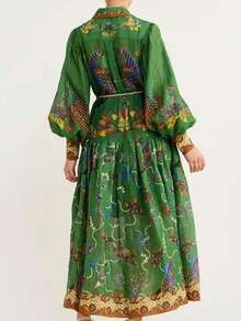 Vestido largo primavera 2026, estampado con cordón abierto y falda amplia - Verde - Ver 4