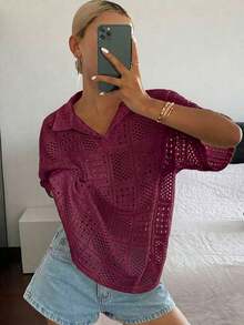 Women's Short-Sleeved Polo Shirt, Loose Fit, Textured And Openwork Fabric, For Summer - Bordeaux - View 5