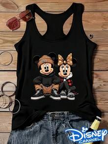Disney Cool Mickey Minnie Couple Prints, Women's Summer Sleeveless Vest, Comfortable Round Neck Version, 100% Polyester Fiber, Necessary For Daily Street And Commuting, Suitable For Summer Wear. - Black - View 1
