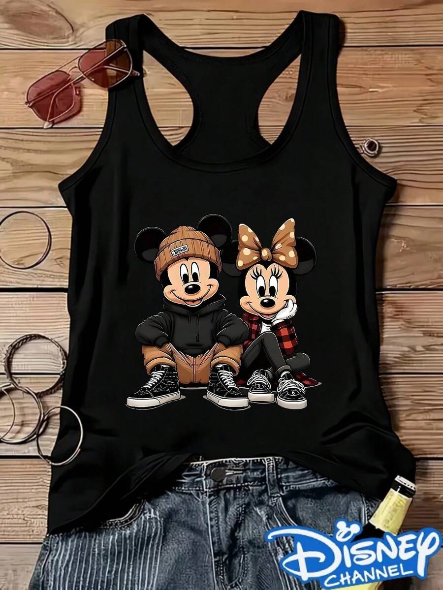 Disney Cool Mickey Minnie Couple Prints, Women's Summer Sleeveless Vest, Comfortable Round Neck Version, 100% Polyester Fiber, Necessary For Daily Street And Commuting, Suitable For Summer Wear. - Black - View 1