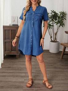 Vestido casual de mezclilla de mujer con cuello en V y abotonadura sencilla, de manga corta - Azul lavado oscuro - Ver 4