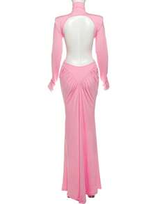 Vestido largo liso cuello alto verano 2025, ajustado elegante con espalda descubierta estilo moda - Rosa - Ver 6