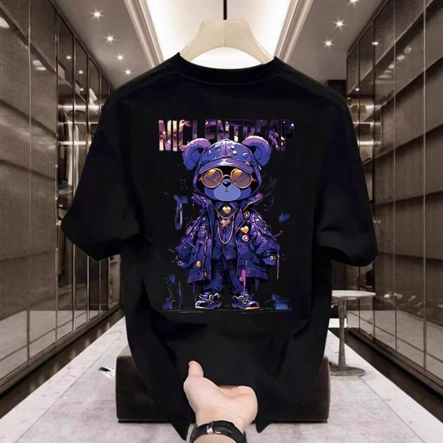 Camiseta de manga corta para hombre de algodón puro con estampado de oso de dibujos animados, cuello redondo, estilo casual y a la moda, nueva  2025, éxito de  de verano. PMVN - 200 g de algodón puro - negro - Ver 1