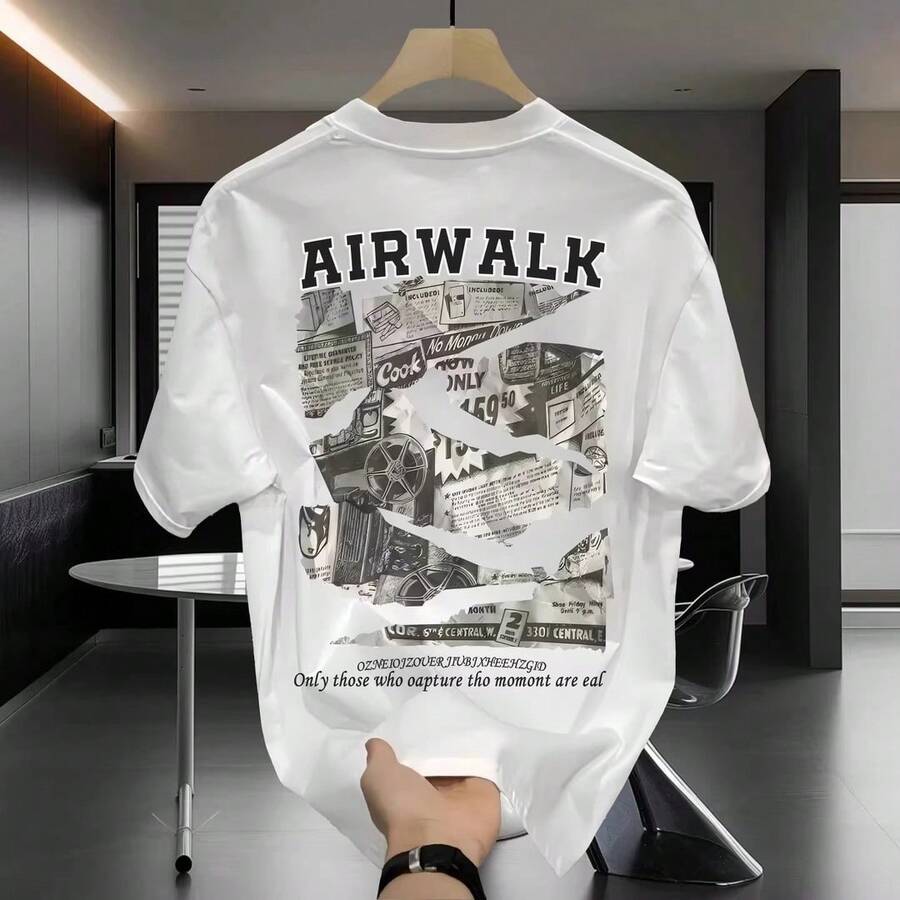 [High-Quality Men's Clothing] Pure Cotton Short-Sleeve T-Shirt, Versatile, Loose Fit, Minimalist Print, Creative Design, Fashion Brand F7AO - 純棉250克-白色報紙 - 查看 1