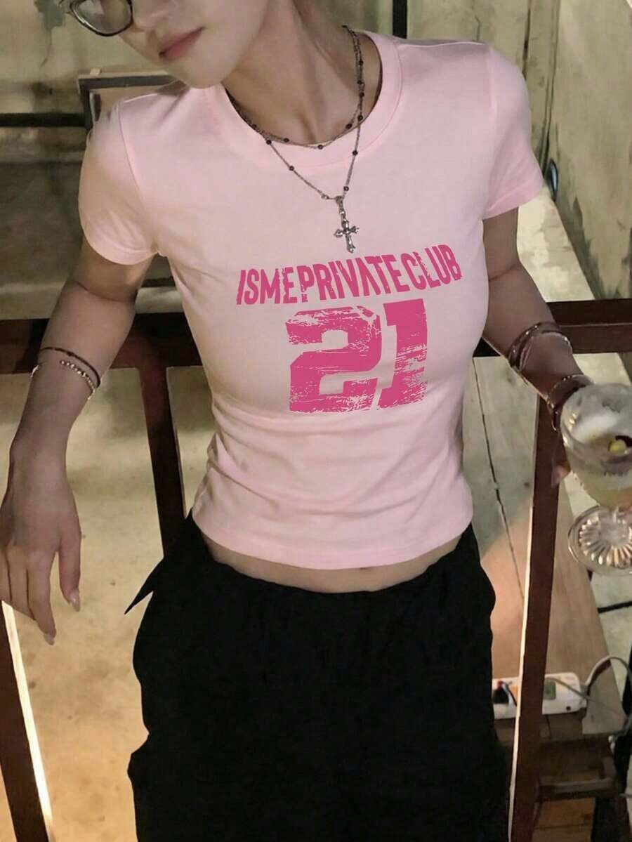 Playera cuello redondo manga corta para mujer, modelo nuevo de verano con estampado de letras, corte ajustado ombliguero muy versátil, estilo casual juvenil ideal para uso diario, salidas y combinar con cualquier ropa THSW - Rosa - Ver 1