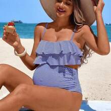 Momance 2pcs/Set Maternity Spaghetti Strap Striped Ruffled Bikini Top And Bottoms For Summer Beach Vacation - Azul - Ver 1