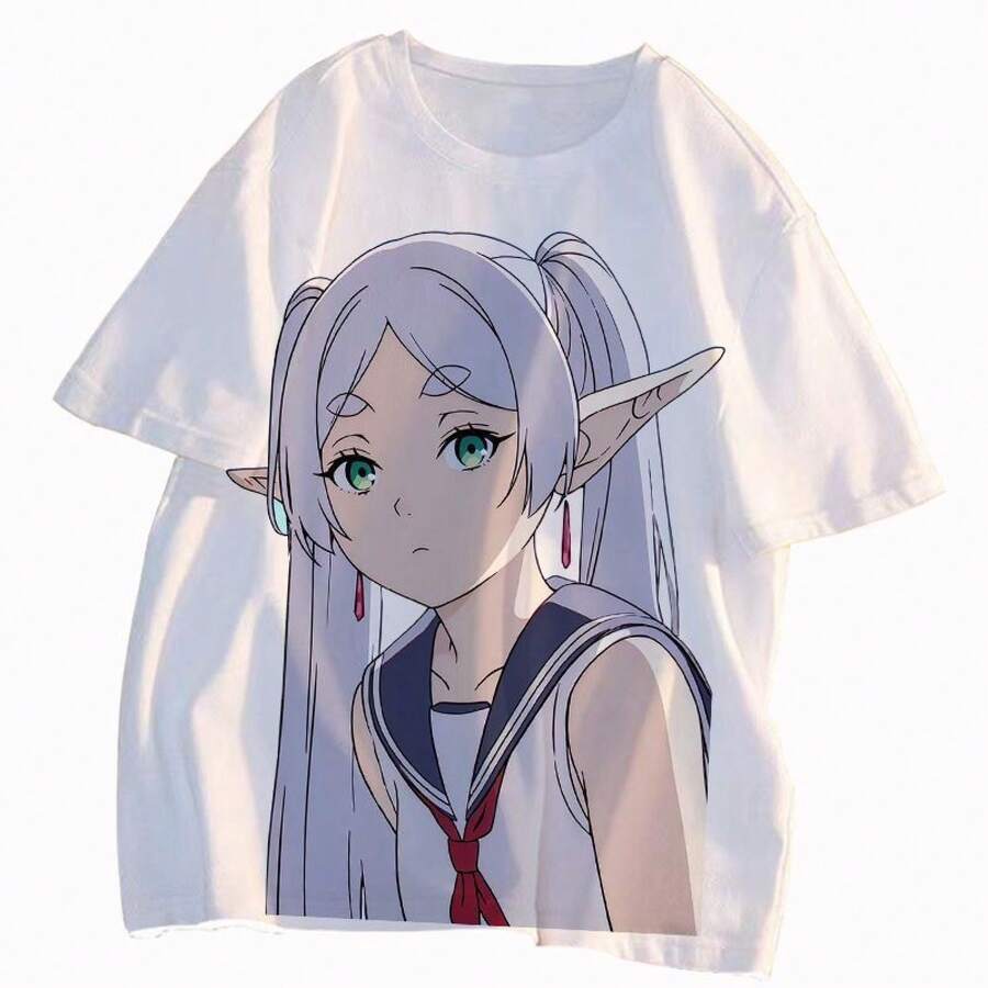 Camiseta de manga corta de Frieren at the Funeral con Himmel y Fern, ropa de anime de verano para adolescentes, corte holgado de verano. - Negro - Ver 1