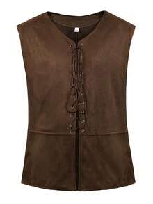 Men's European And American Retro Lace-Up Casual Solid Color Slim Fit Vest - Brown - View 2
