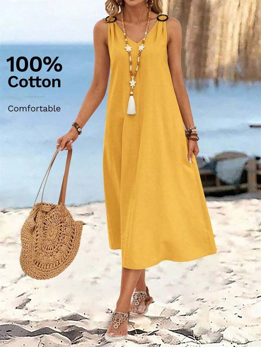 Vestido largo de verano de mujer con cuello en V sin mangas y hebilla circular de unicolor, vestido casual de verano, vestido de playa casual, vestidos de verano para mujer, atuendos de verano para mujer, vestidos casuales para mujer, vestidos de - Amarillo - Ver 1