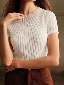 Blusa de punto semitransparente con decoración de strass y mangas cortas elegante para mujer - Blanco - Ver 3