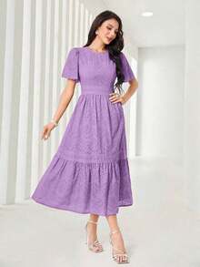 Vestido midi de mujer con cuello redondo, mangas con volantes, bordado y dobladillo con volantes - Morado - Ver 3