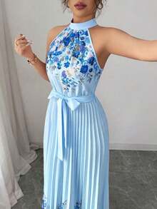 Vestido holgado de verano elegante con estampado floral y cuello halter para mujer - Azul - Ver 3