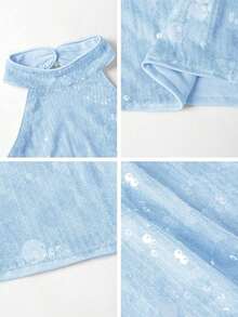 Blusa de mujer con hombros al descubierto y lentejuelas, adecuada para bodas, galas, vuelta al colegio, festivales de música, fiestas del Día de la Madre, vacaciones en la playa - Celeste - Ver 11