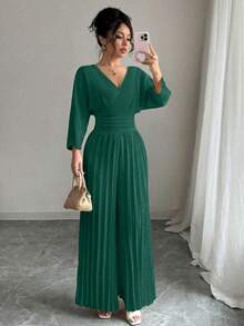 Mono elegante de pierna ancha con escote cruzado en V, mangas tipo murciélago y pliegues, en color liso para mujer - Verde Oscuro - Ver 7