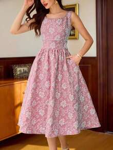Vestido elegante sin mangas de cuello cuadrado con bolsillo de unicolor vintage para mujer, atuendo de verano, vestido de invitada de boda, vestido de regreso a la escuela, vestido de cumpleaños elegante para mujer, atuendo de cumpleaños elegante para mujer, atuendo de vacaciones para mujer, vestido elegante para mujer en otoño, ropa de mujer para vacaciones, vestido de iglesia para mujer, atuendo de iglesia para mujer, atuendo de festival para mujer, estilo de dinero antiguo, atuendo de brunch para mujer - Rosa Pálido - Ver 2