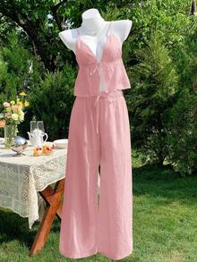 Set de 2 piezas de top de tirantes y pantalones de lino verde militar para mujer de verano - Rosa vieja - Ver 3