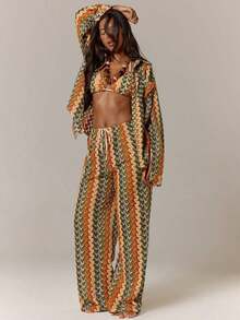 Resort Kimono de Manga Larga con Patrón Texturizado, Estilo Boho Ibiza, Lindo y Sexy, para Vacaciones de Verano, Playa, Traje de Baño, Ropa de Playa, Rayas, Otoño, Primavera, Vacaciones, Carnaval, Festival - Naranja - Ver 5