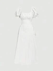 Vestido amarillo de longitud media con mangas de pétalos y cintura con lazo - Blanco - Ver 3