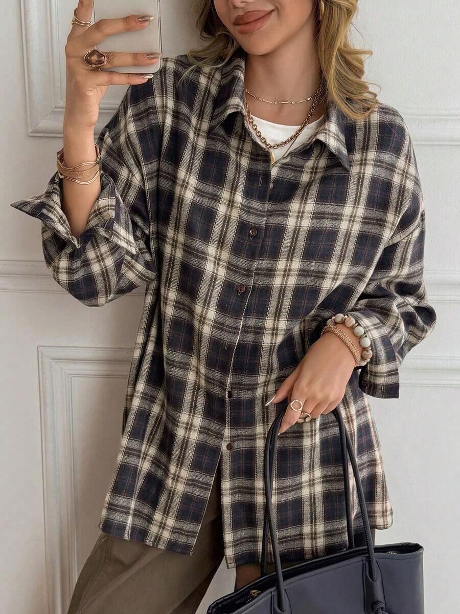 Camisa de mujer de manga larga con cuello vuelto, estampado de cuadros, color marrón café, para primavera/verano/otoño - Azul marino 2 - Ver 1