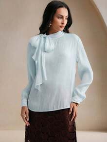 Blusa elegante y chic de cuello alto, manga larga y puños con lazo para uso diario - Azul - Ver 6