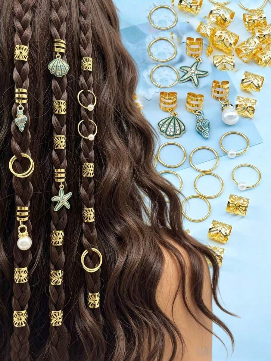 Juego de 46 piezas de accesorios para el cabello con tema oceánico en color dorado, que incluye estrellas de mar, conchas, caracoles, perlas, ligas para el cabello, clips, pasadores, adecuado para mujeres & niñas, pasadores deslizantes, clips de garra - Multicolor - Ver 1