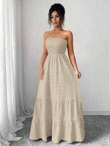 Vestido de verano casual sin tirantes para mujer - Caqui - Ver 4