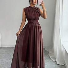 Elenzya Women's Spring/Summer French Romantic Sicily Elegant Casual Commute Vacation Afternoon Tea Party Solid Color Chiffon Stand Collar Loose Criss-Cross Tie Waist A-Line Bow Tie Sleeveless Lined Maxi Dress - Marrón - Ver 8