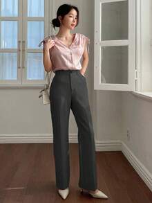Pantalones casuales de mujer con bolsillo delantero liso, estilo casual de negocios, pantalones de vestir de mujer de talle bajo - Blanco - Ver 9