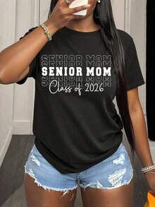 Casual Wear, Class Of 2026 Mom T-Shirt, Flirty Lace Graduation T-Shirt For The Class Of 2026, Preppy Bow T-Shirt For The Class Of 2026, Graduation Party T-Shirt For 2026, High School Graduation T-Shirt, Graduating Moms, Bohemian Casual Celebration Wear, Women's Blouses > Shirt - 黑色 - 查看 1