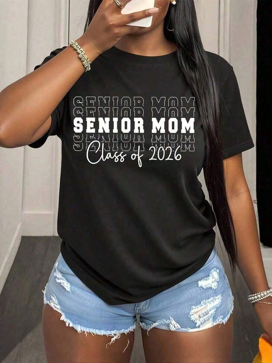 Casual Wear, Class Of 2026 Mom T-Shirt, Flirty Lace Graduation T-Shirt For The Class Of 2026, Preppy Bow T-Shirt For The Class Of 2026, Graduation Party T-Shirt For 2026, High School Graduation T-Shirt, Graduating Moms, Bohemian Casual Celebration Wear, Women's Blouses > Shirt - 黑色 - 查看 1