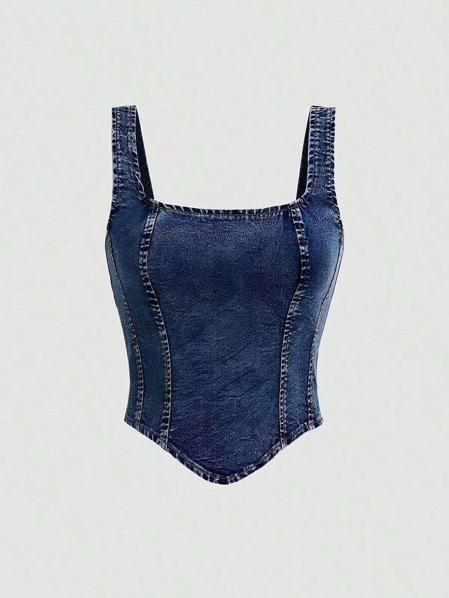 Parte superior de tirantes anchos y cierre trasero de mezclilla casual negra para mujer - Azul lavado oscuro - Ver 1