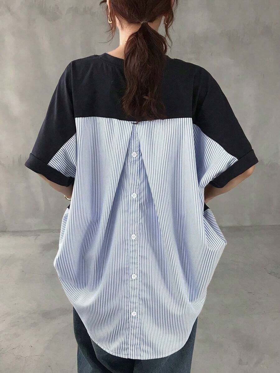 Camiseta minimalista de mujer con bloqueo de color y botones en la espalda, para uso casual diario, ropa de otoño - Azul - Ver 1