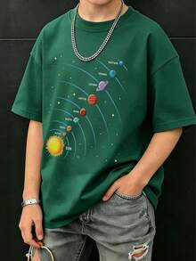 [返校季] 1件青少年男孩印花短袖T恤，學生青少年服飾，兒童夏季上衣 - 墨綠色 - 查看 2