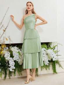 PREMIUM VESTIDO CON UN HOMBRO FRUNCIDO Y PLISADO - Verde - Ver 5