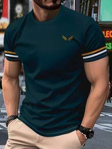 Camiseta de manga corta casual con puños a rayas y estampado 3D de alas azul marino - Azul Marino - Ver 1