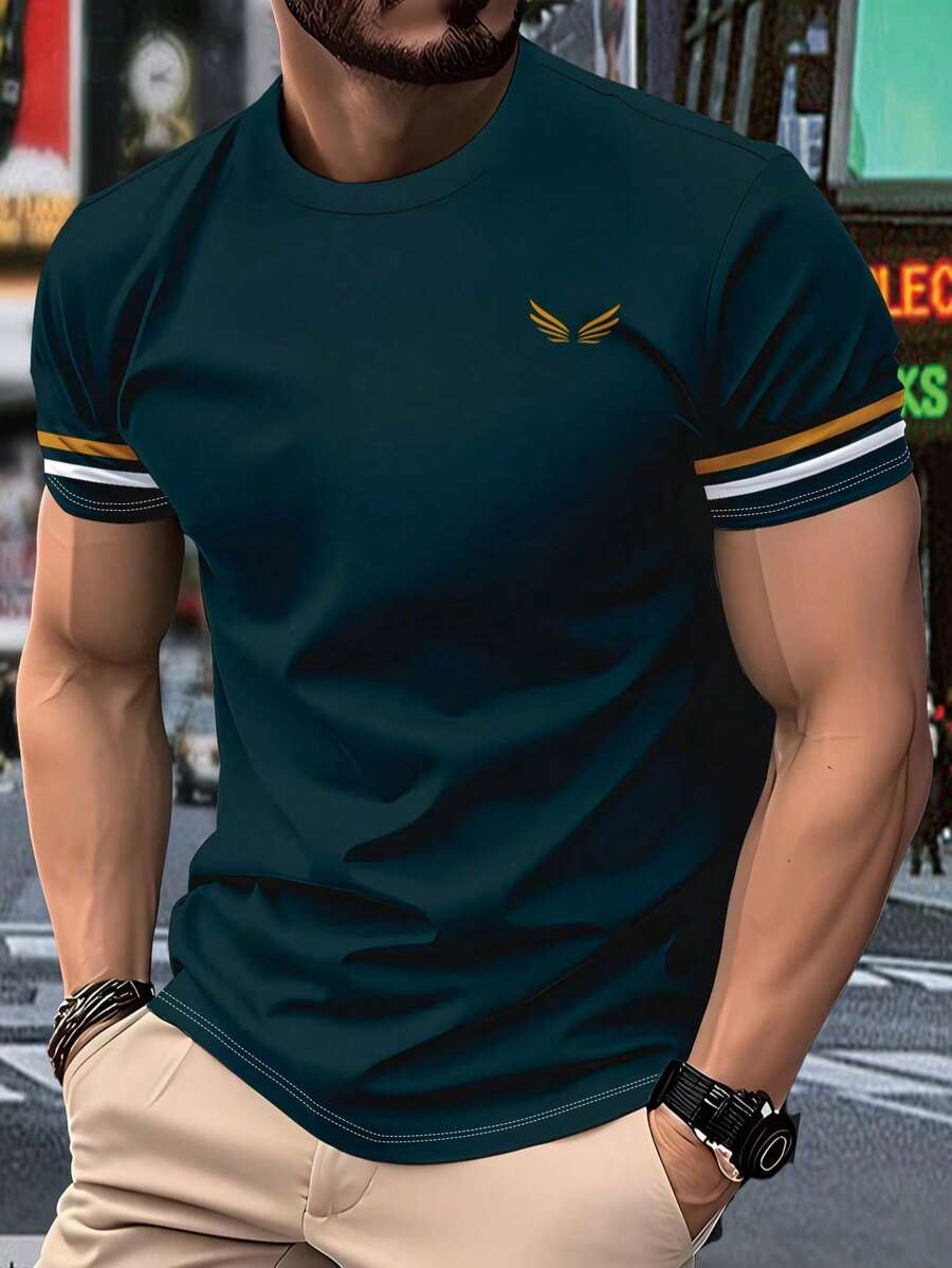 Camiseta de manga corta casual con puños a rayas y estampado 3D de alas azul marino - Azul Marino - Ver 1