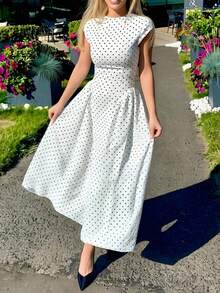 Vestido largo primavera 2026, estilo francés lunares cuello redondo cintura marcada corte elegante - Blanco - Ver 6