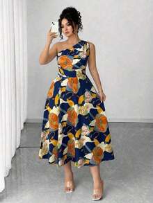 Vestido elegante de mujer de talla grande con estampado floral azul y blanco, elegante y chic para fiestas, graduaciones, vacaciones, festivales, citas, bodas y salidas - Azul marino 3 - Ver 4