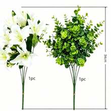Ramos artificiales de lirios de eucalipto, arreglos florales artificiales realistas, lirios artificiales rojos y blancos con hojas verdes, adecuados para decoraciones de mesa en el hogar, fiestas de boda y decoraciones florales DIY. - Multicolor - Ver 7