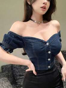 Camisa de mujer de unicolor de tela vaquera con botones delanteros y cuello descubierto de los hombros, top descubierto de los hombros para el verano - Azul - Ver 3