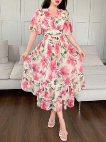 Vestido de longitud media con cuello en V, mangas con volantes y estampado floral para vacaciones, vestido de Pascua bohemio para mujer - Rosa coral - Ver 6