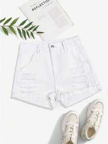 Shorts en mezclilla desgarro crudo bajo de doblez - Blanco - Ver 5